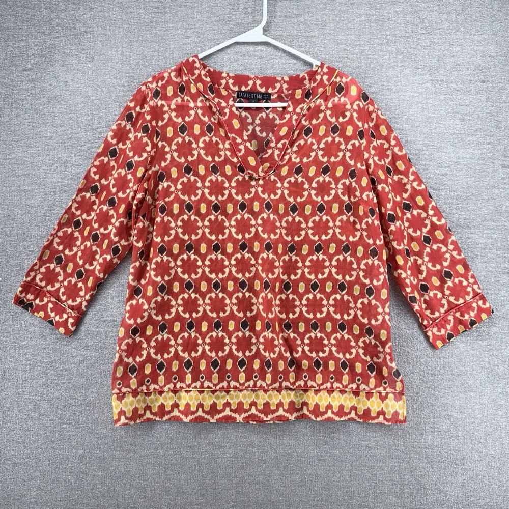 Lafayette 148 New York Tunic Top Women Size 6 3/4 Sleeve Orange Geometric